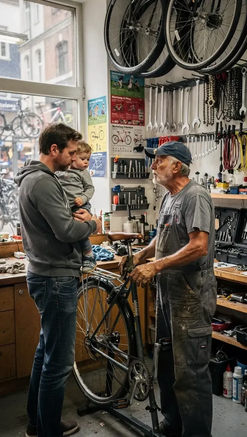 Moderne Fahrradstation mit Ladepunkten für E-Bikes und übersichtlicher Nutzerinformation in einer deutschen Innenstadt.